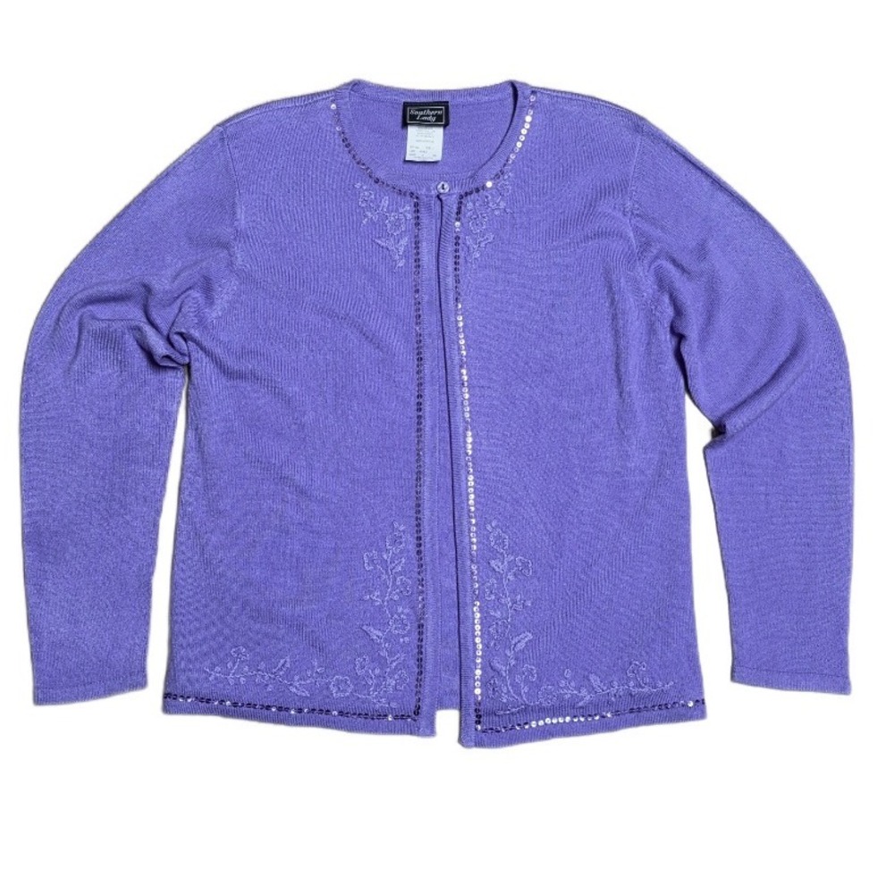 Vintage Southern Lady Purple Cardigan Women's Size S Sequin‎ Floral Embellished